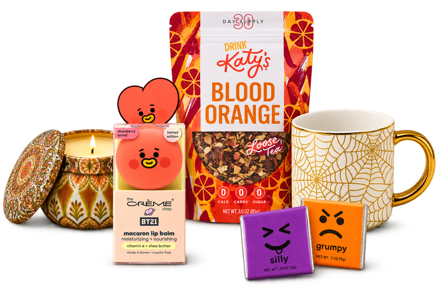 Boo Box products including blood orange tea, spiderweb mug, fall candle, lip balm, and chocolates