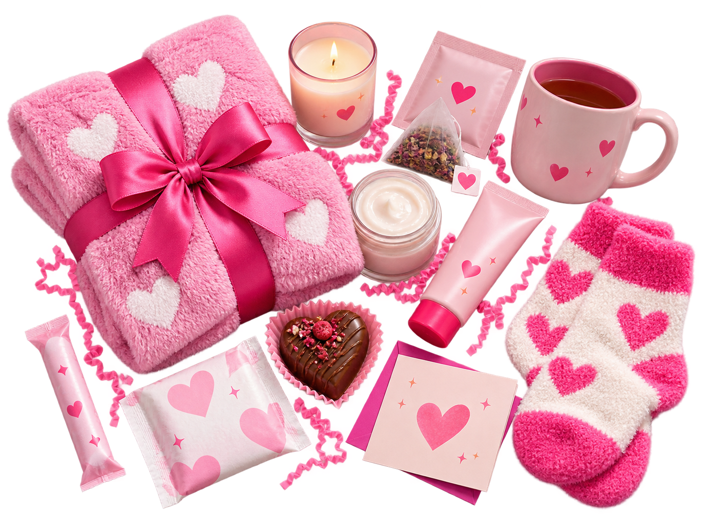 A flat lay of cozy HerBox self-care and period-care items